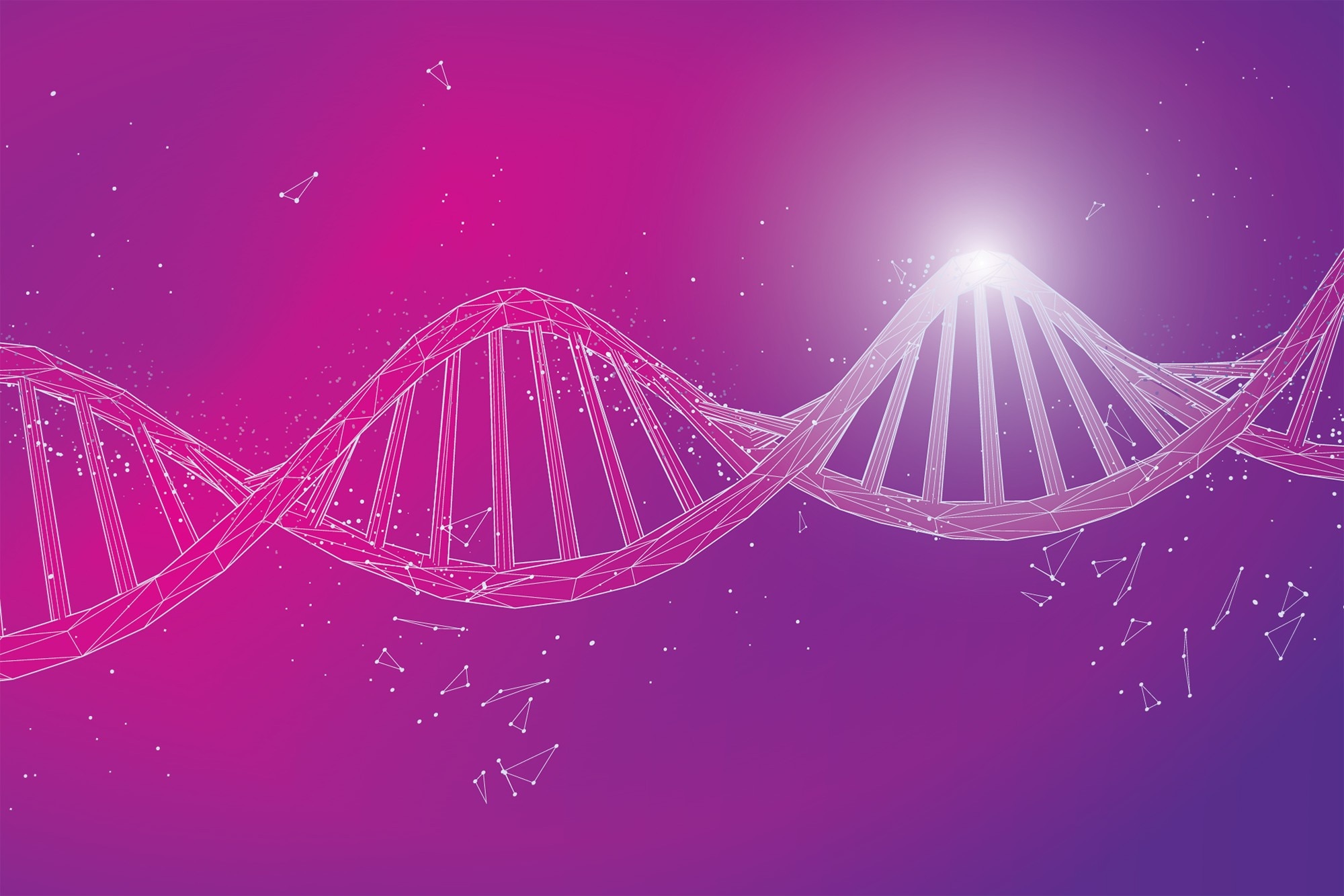 Rosafarbene DNA-Helix vor einem Hintergrund mit rosa-violettem Farbverlauf