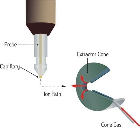 Vereinfachtes Schema, das einen ESI-Sprühkopf in einer typischen Position vor und orthogonal zum MS-Ioneneinlass zeigt.  Ein Cone oder ein Gegenstromgas wird häufig angewendet, um die Desolvatation von Flüssigkeitströpfchen zu unterstützen, wenn diese in den Vakuumbereich für das verdünnte Gas des Analysators eintreten.