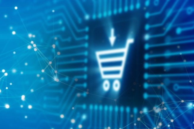 Glowing shopping cart icon on top of blue circuit board and plexus networking patterns