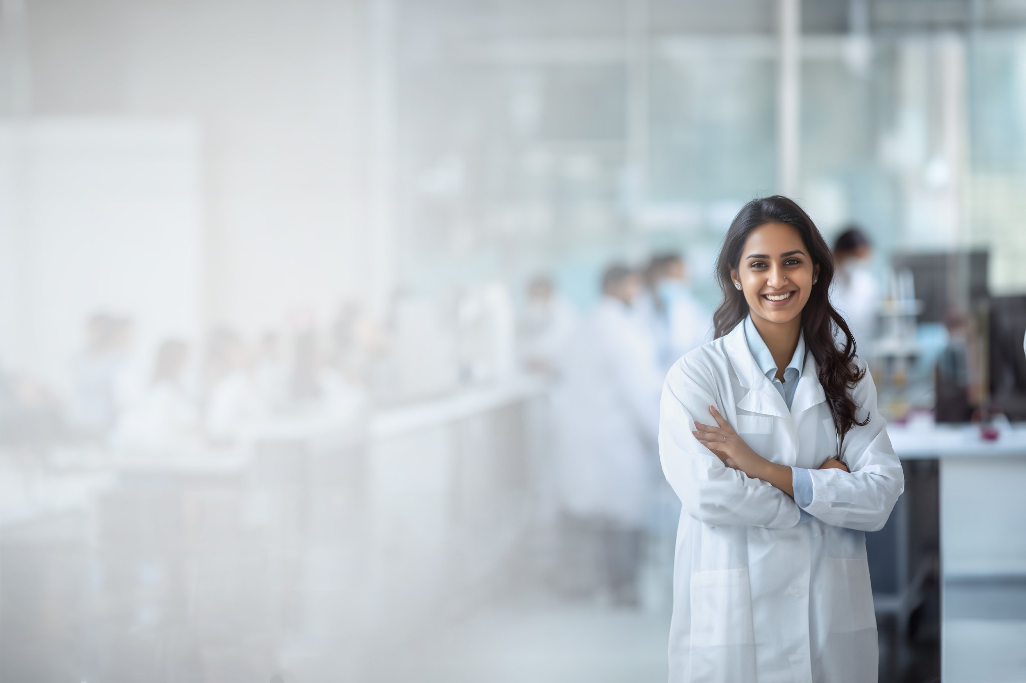 Scientist smiling while standing at the front of a busy laboratory