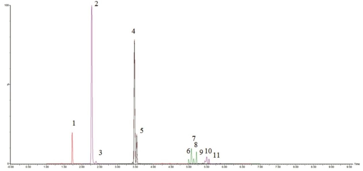 Figure 2. Typical urine sample diluted one part to five. Peak annotation; 1) propionyl-L-carnitine, 2) isobutyry-L-carnitine, 3) butyry-L-carnitine, 4) isovaleryl L-carnitine, 5) valeryl L-carnitine, 6, 7, 8) isomers of octanoyl-L-carnitine, 9) octanoyl-L-carnitine, 10) isomers of decanoyl-L-carnitine, 11) decanoyl-L-carnitine