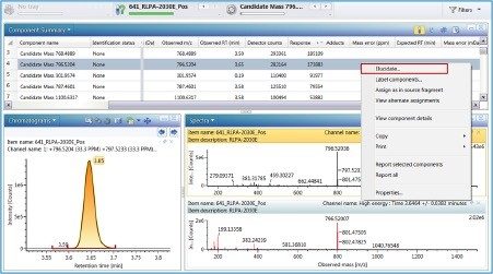 Candidate mass at 796.5204 m/z and 3.65 min for structural elucidation.