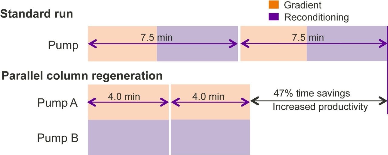 Demonstration of time savings using two pumps in parallel column regeneration as compared with standard analysis using one pump for the analysis of water soluble vitamins.