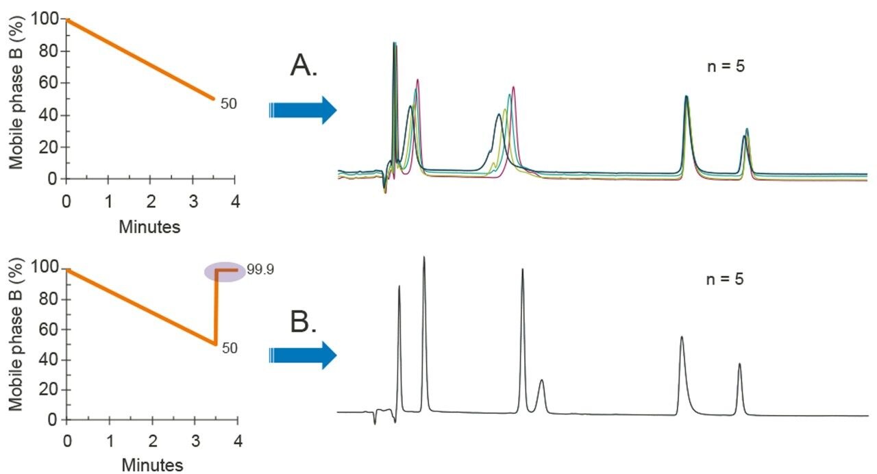 Impact of a short re-equilibration of initial gradient conditions prior to column switching on data consistency