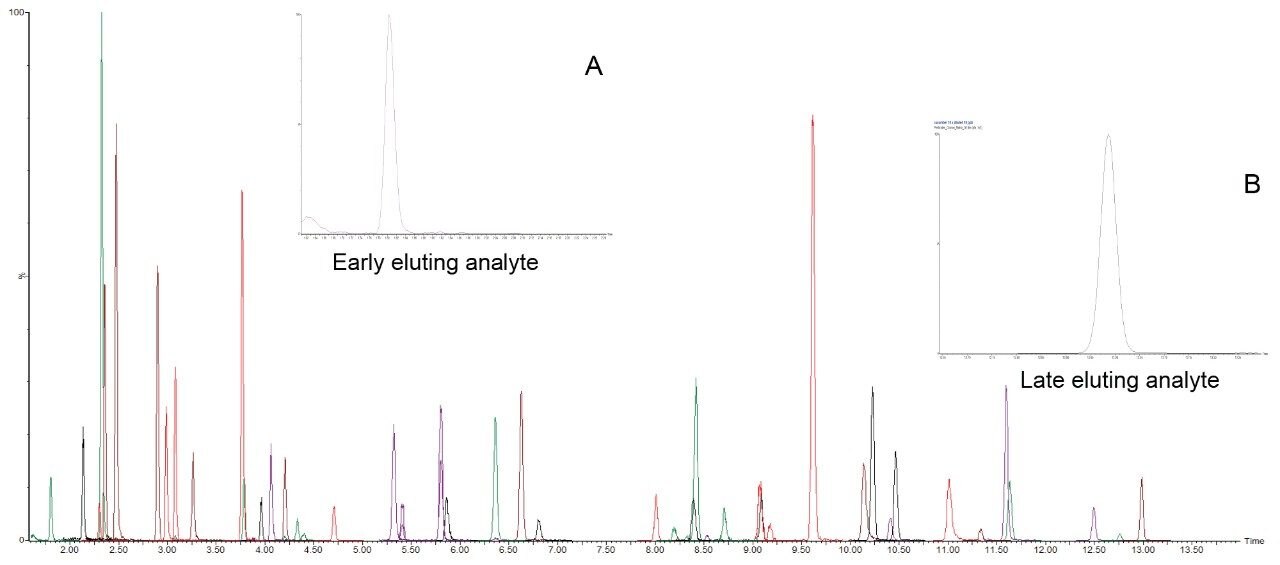 Typical chromatographic peak shapes for a selection of representative analytes.