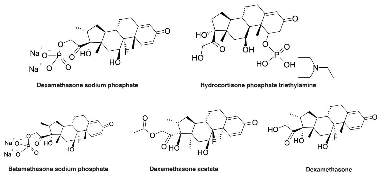 Chemical structures of dexamethasone sodium phosphate, hydrocortisone phosphate triethylamine, and the dexamethasone phosphate related compounds