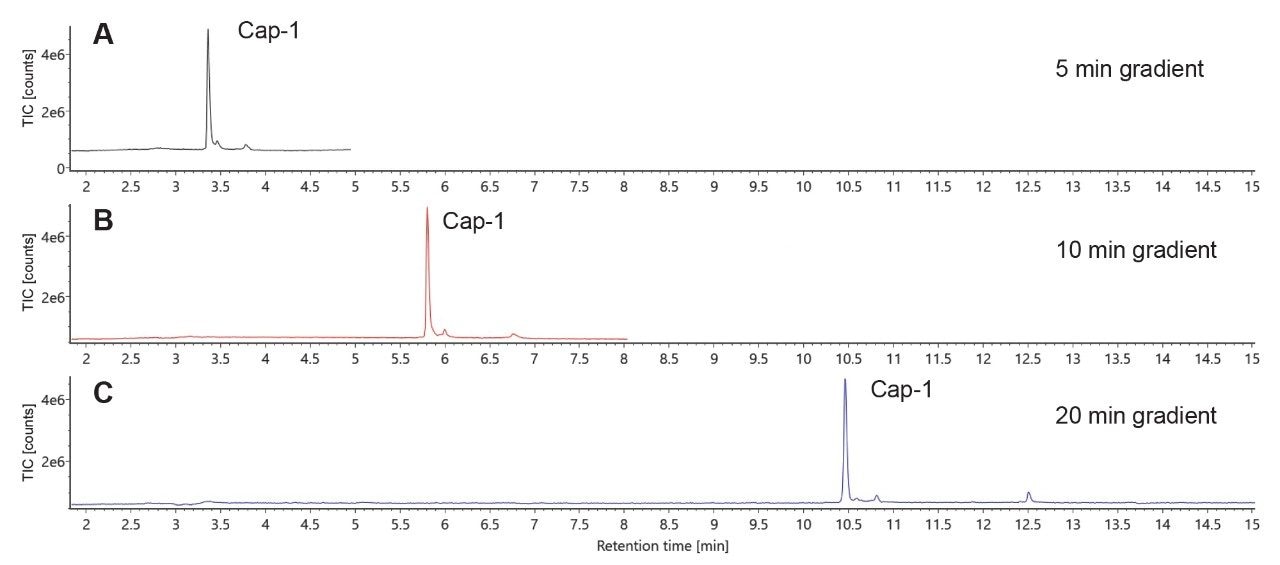  TIC chromatograms of Cap-1 fragment obtained using an ACQUITY Premier Oligonucleotide BEH C18, 1.7 μm, 2.1 x 50 mm Column.