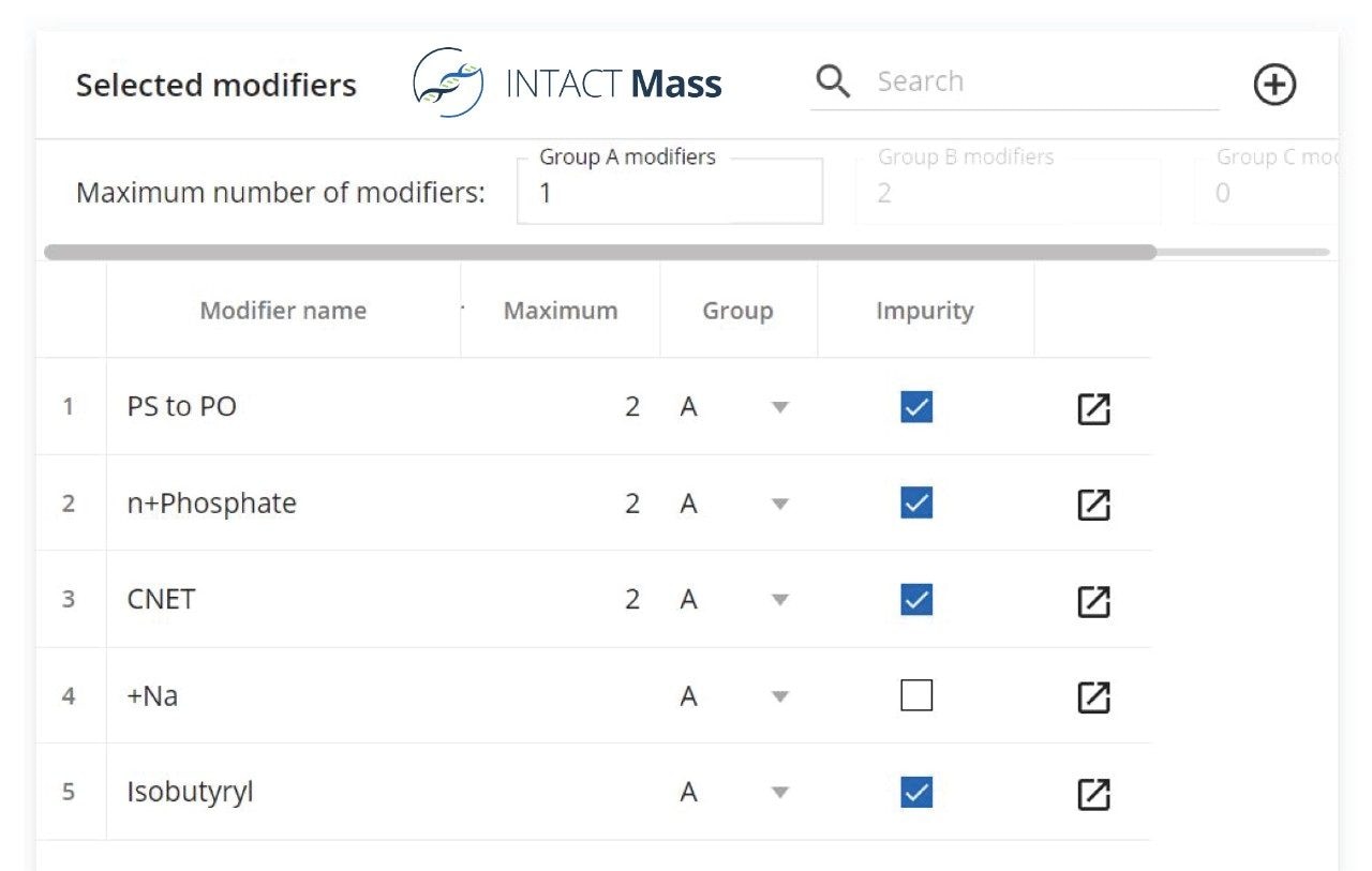 INTACT Mass screenshot showing the oligonucleotide modifications selected for the analysis of the 100-mer sgRNA oligonucleotide