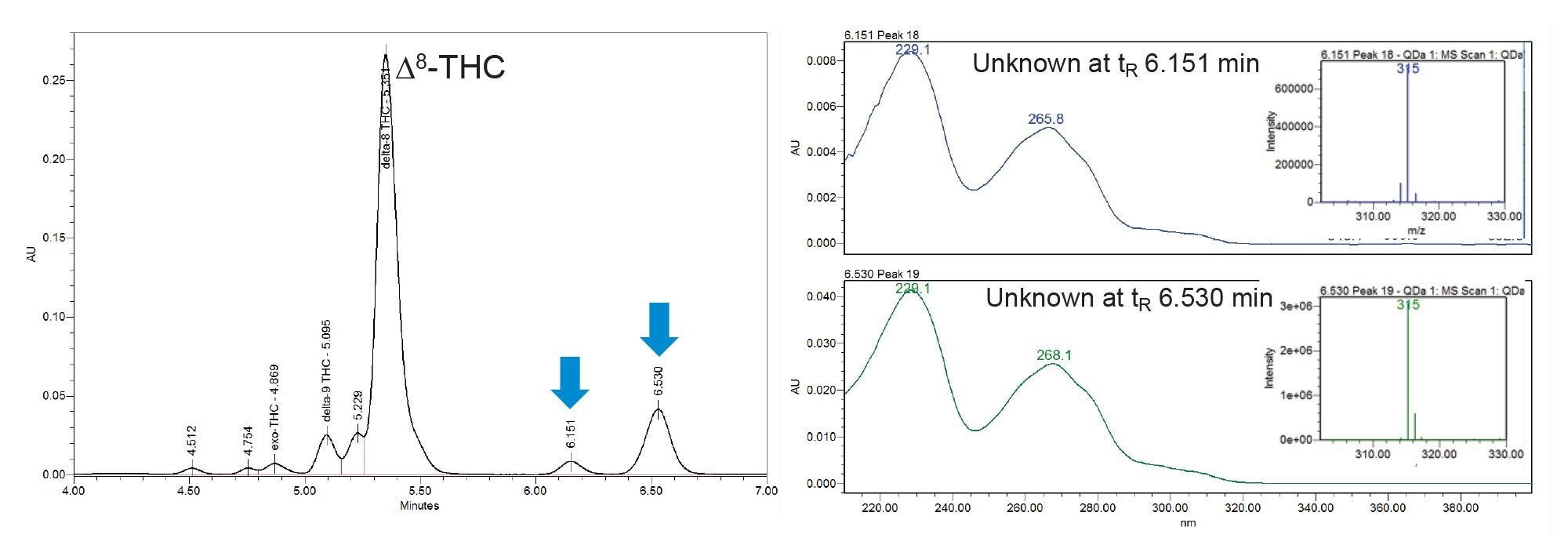 Comparison of the UV spectra (right) and mass spectra (right inset) for the unknown components at 6.151 min and 6.530 min