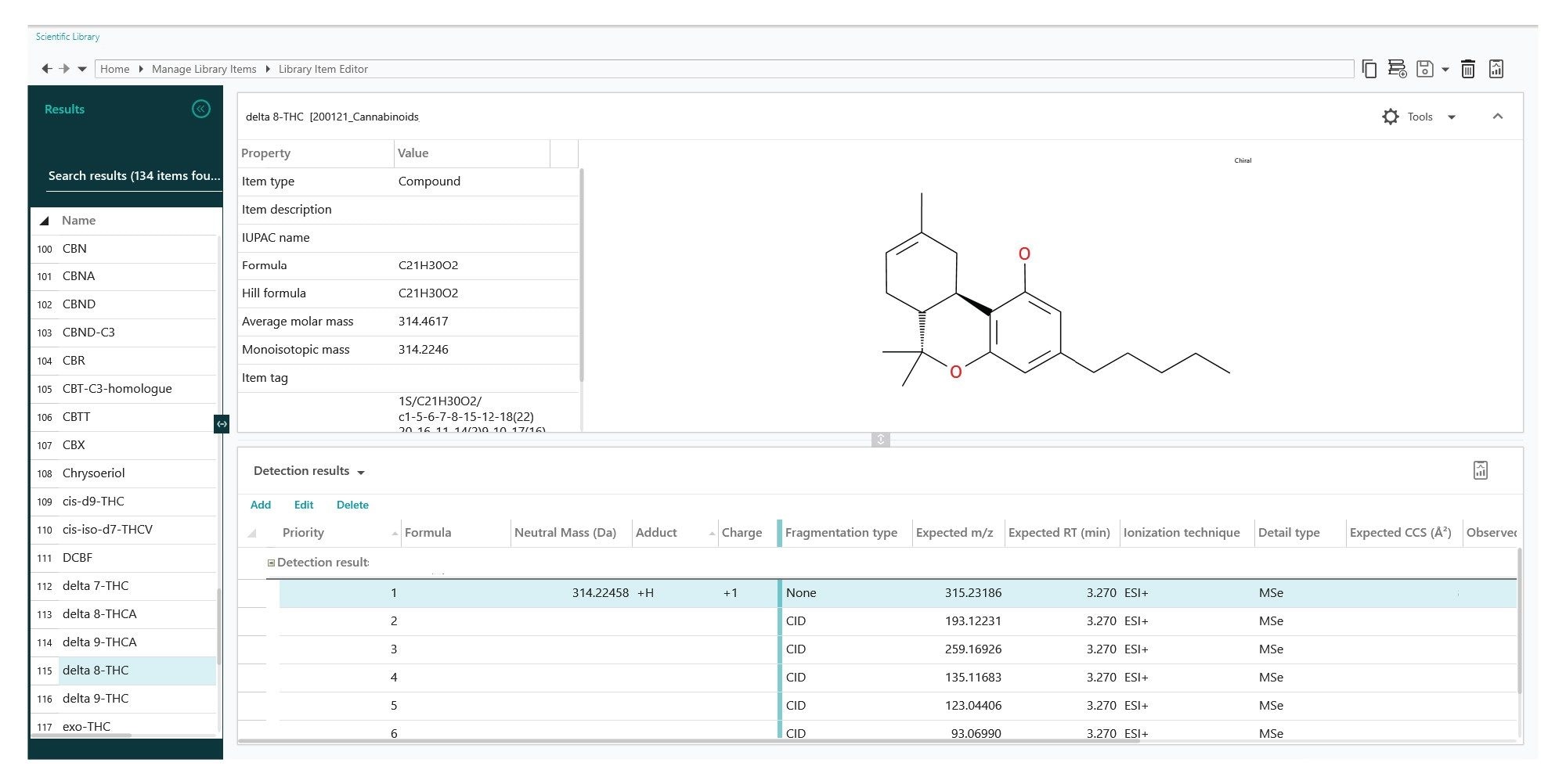 An example of the library entry for Δ 8-THC showing the expected m/z of precursors, fragments, adducts and retention time