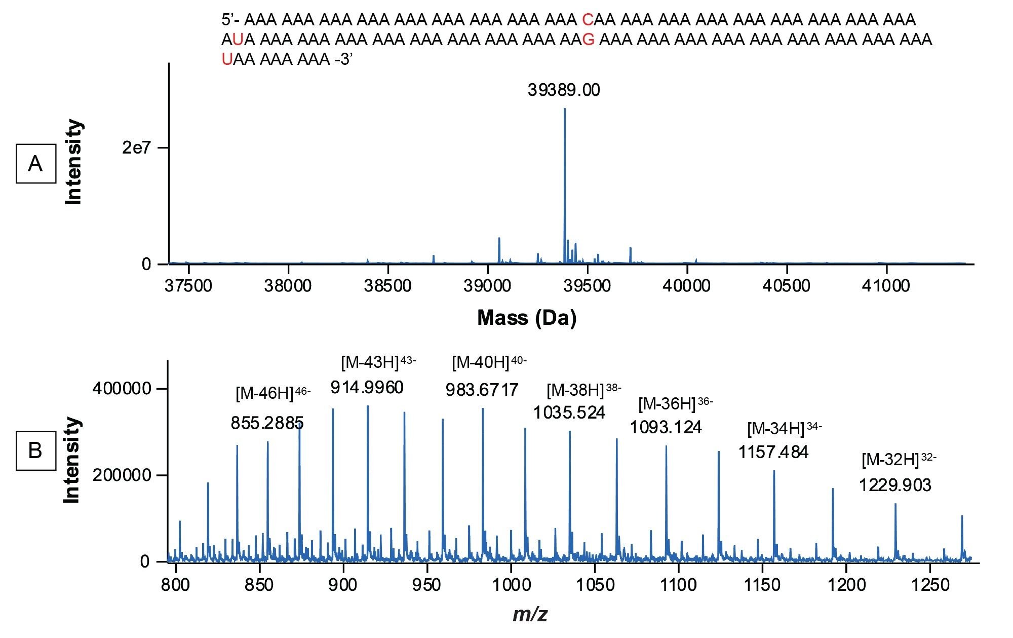 INTACT Mass spectra recorded for the synthetic 120-mer Poly(A) Tail oligonucleotide