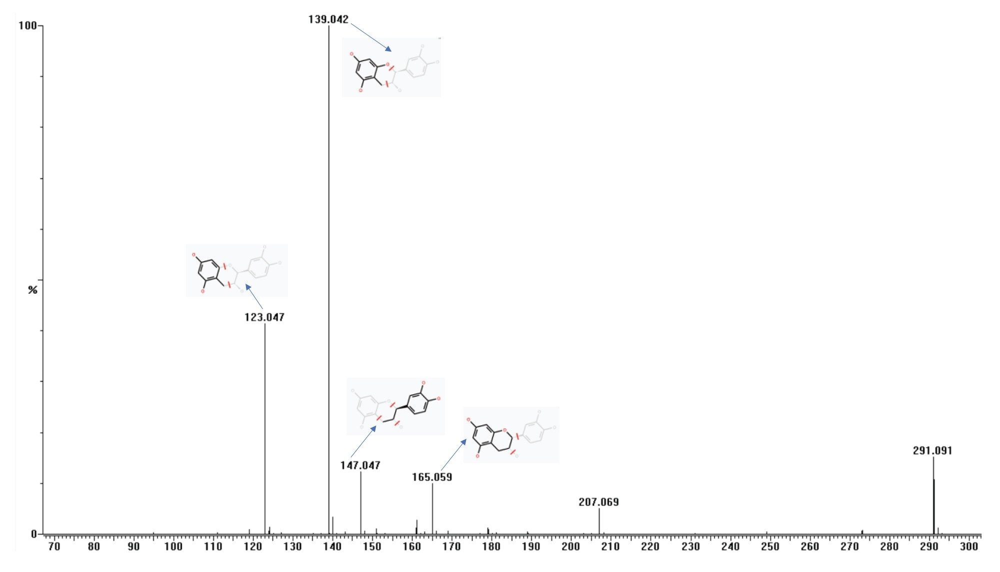 Expected high energy spectra (MRM) showing the fragmentation pattern of Epicatechin Precursor m/z 291.1 Da