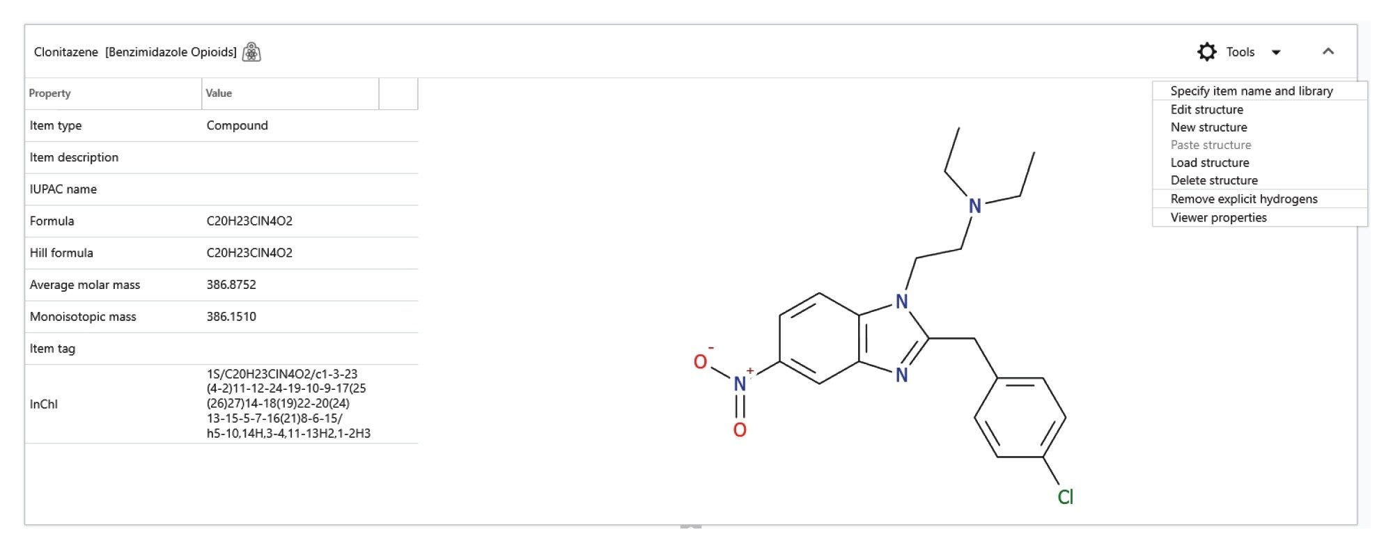 自定义苯并咪唑阿片类药物谱库中的氯尼他秦条目