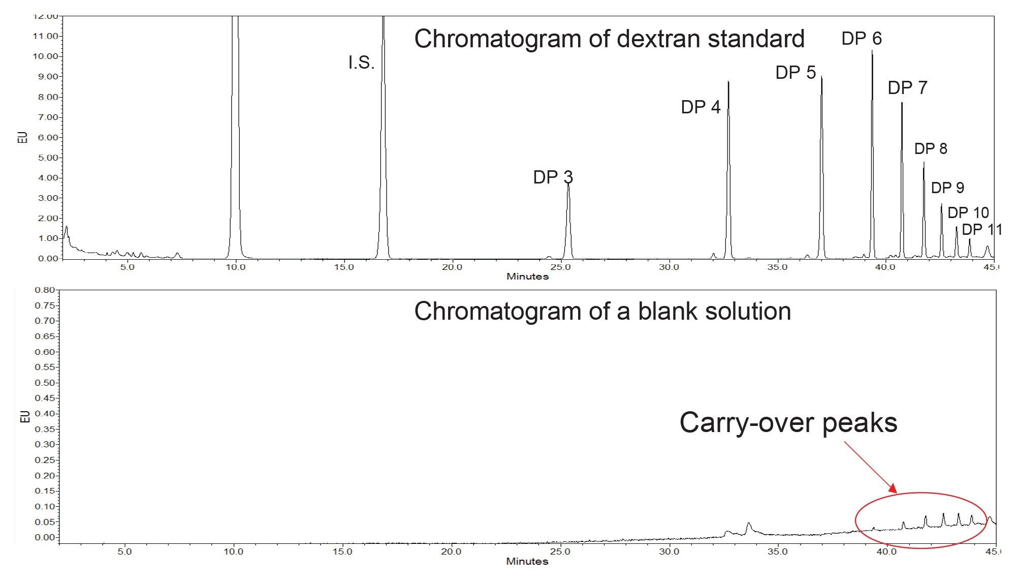 Carry-over peaks observed in HILIC-FLR chromatogram of a blank solution following an injection of a dextran standard on a conventional system and column