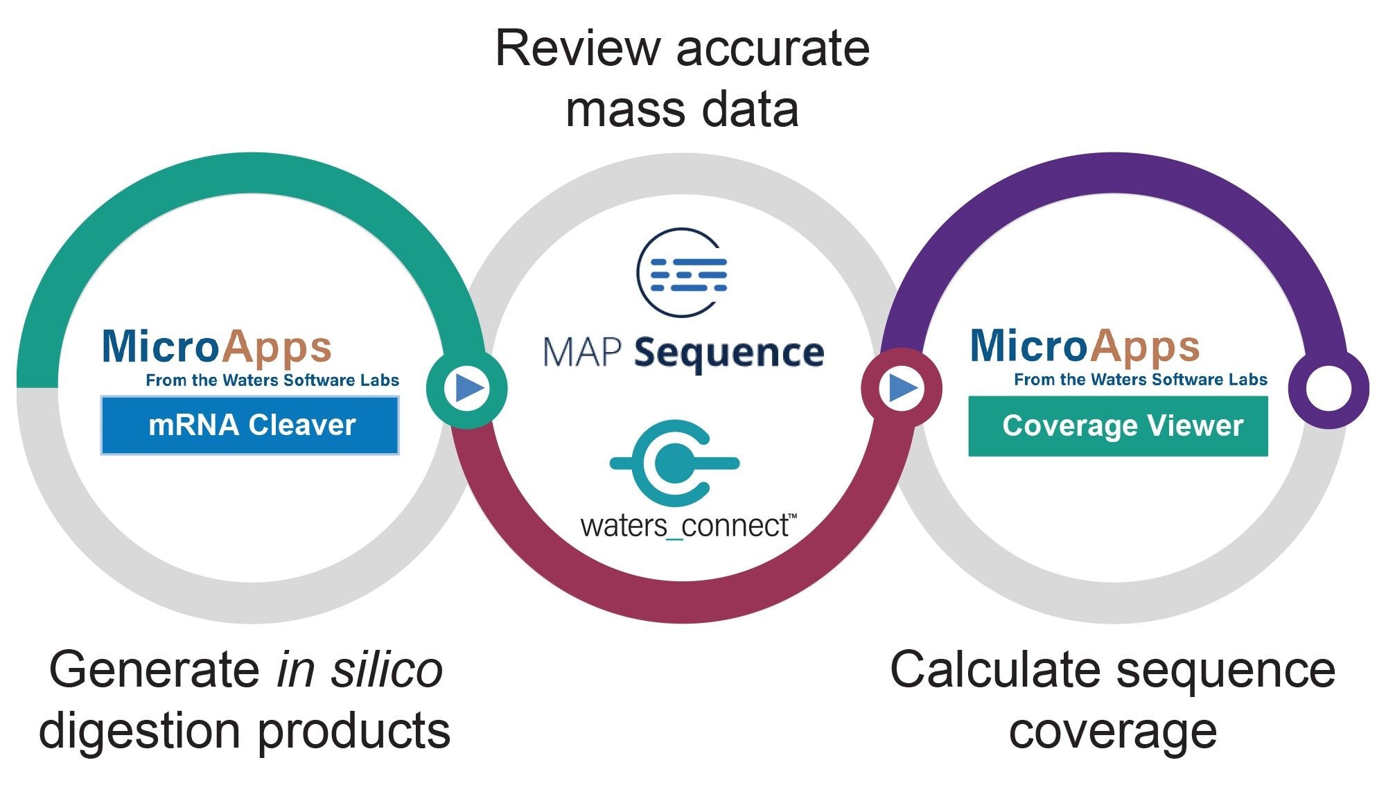 Simple diagram illustrating the workflow introduced for LC-MSE processing of sgRNA/mRNA digests using the mRNA Cleaver MicroApp, MAP Sequence App, and Coverage Viewer MicroApp