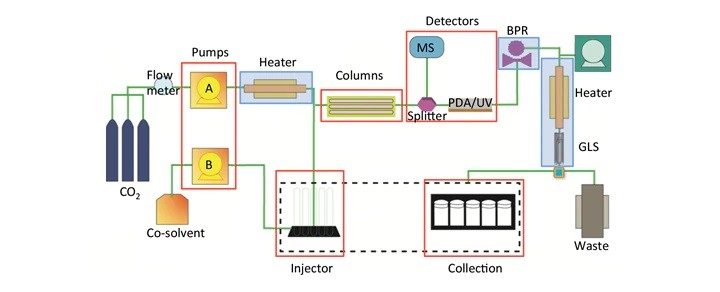 Trayectoria general del flujo de la SFC que resalta las similitudes en rojo (bombas, inyector, columnas, detectores, colección) y las diferencias en azul (calefactores, regulador de contrapresión [BPR] y separador de gas y líquido [GLS])