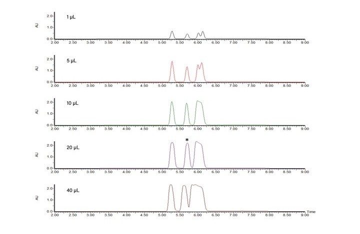 上样量研究。可以看到星号标注的峰的分离度随上样量增大而降低。