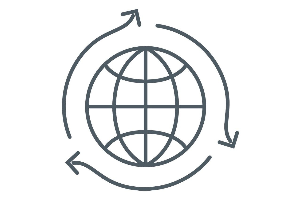 Line drawing of grid globe with arrows encircling it