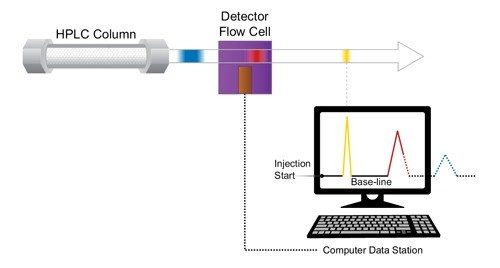 Figura 6: Los picos se crean digitalmente como una respuesta electrónica a la banda de analito a medida que pasa por el detector.