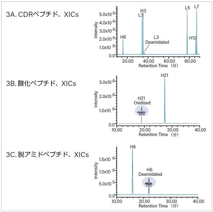 興味ある特性を識別するために使用する XICピーク標識「H」および「L」はそれぞれ、重鎖および軽鎖ペプチドを示します。