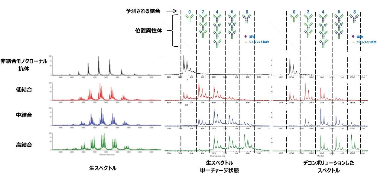 多価チャージ状態のエンベロープからの生スペクトルの組み合わせ、および低、中、高の DAR レベルのシステイン結合 ADC を含む mAb の生スペクトルの組み合わせ。