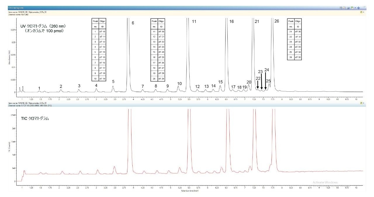 オリゴヌクレオチドの主成分および副成分の分離を示す TUV クロマトグラムおよび TIC クロマトグラム