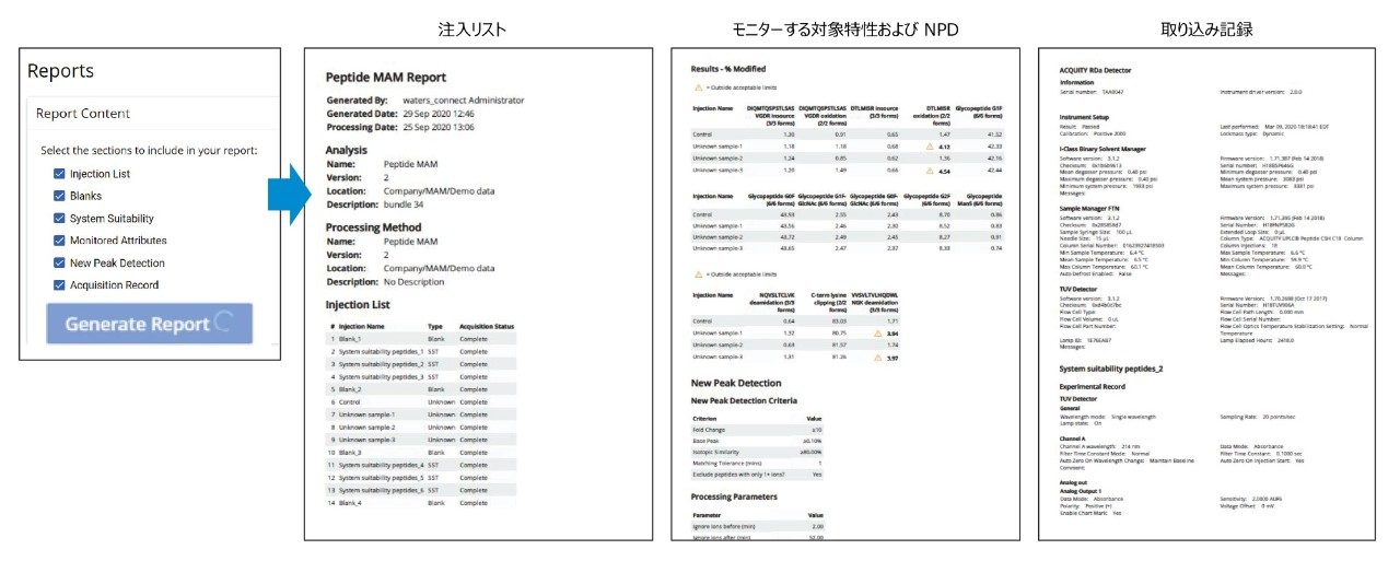 選択可能なレポートテンプレートの章。