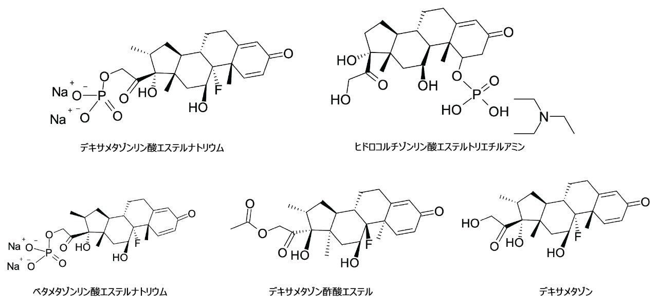 デキサメタゾンリン酸エステルナトリウム、ヒドロコルチゾンリン酸エステルトリエチルアミン、デキサメタゾンリン酸エステル関連化合物の化学構造