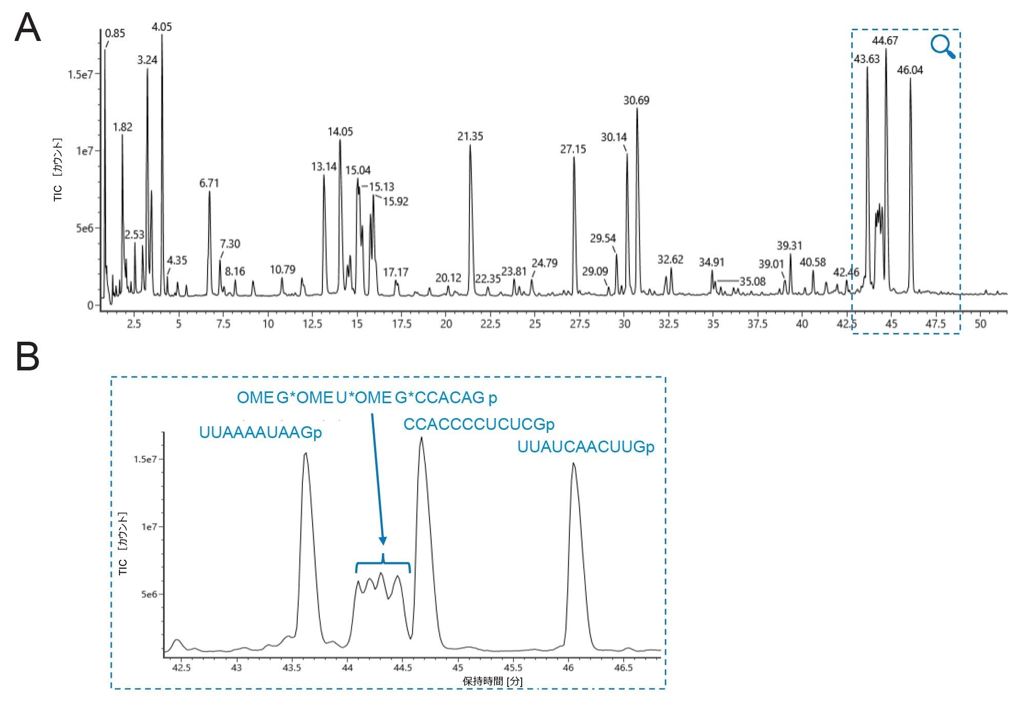 IP-RP-LC-MS による RNase T1 消化 sgRNA のオリゴマッピング。ACQUITY PREMIER Oligonucleotide BEH C18 300 Å、1.7 µm 2.1 × 100 mm カラム、および UV と QTof HRMS 検出を使用