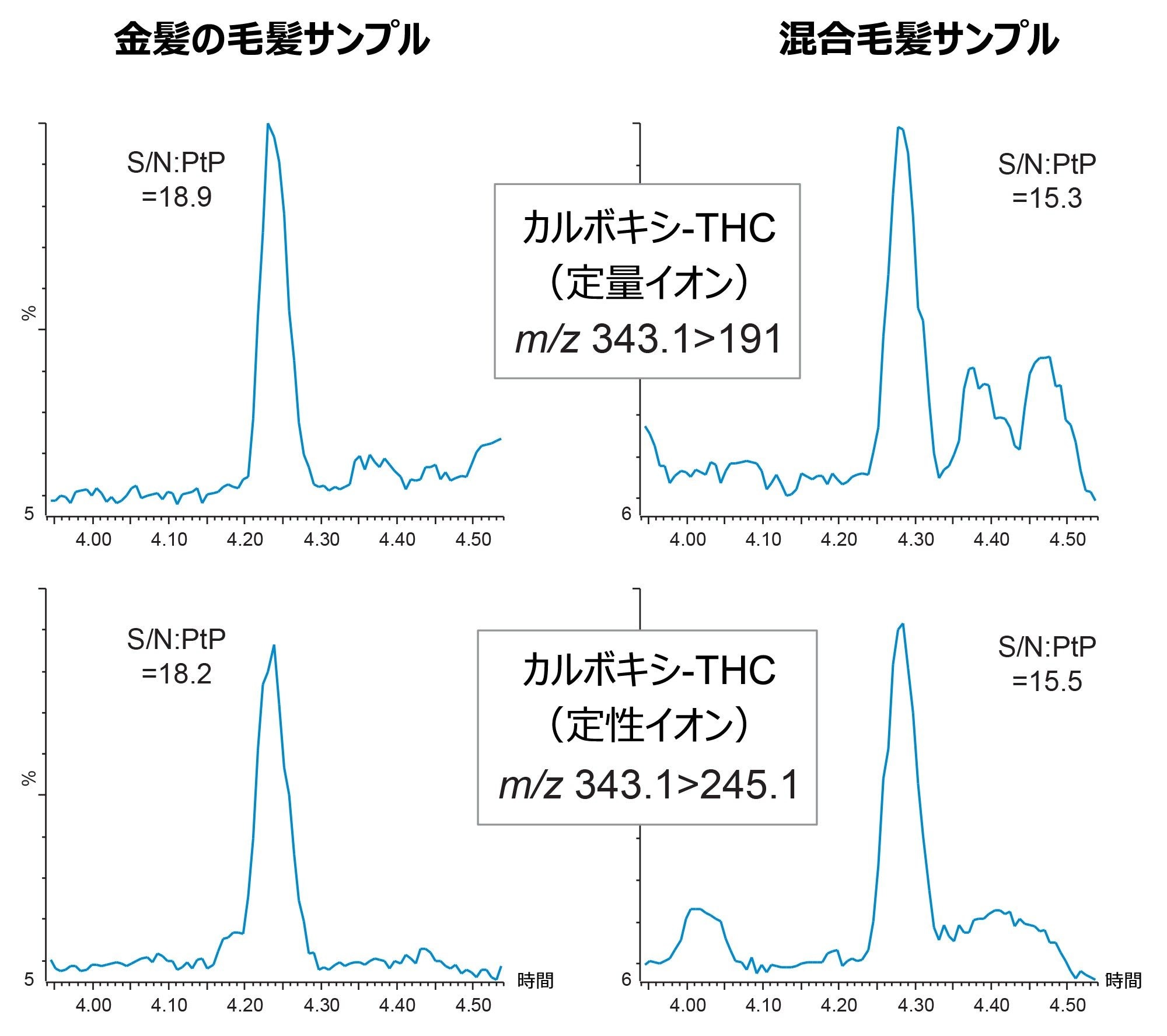 スムージングしていない生データのクロマトグラム。0.2 pg/mg になるようにスパイクした毛髪サンプル（金髪および混合）の定量イオン（上のトレース）および定性イオン（下のトレース）の MRM トランジションのシグナル/ノイズ比の計算を示しています