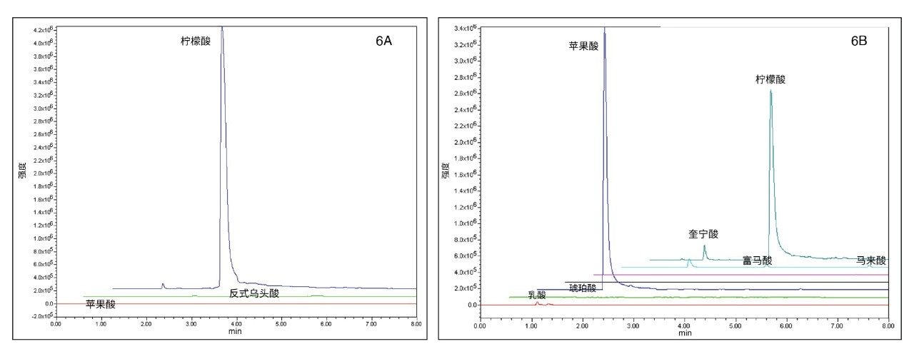 在运动饮料(6A)和苏打水(6B)中检测到的有机酸