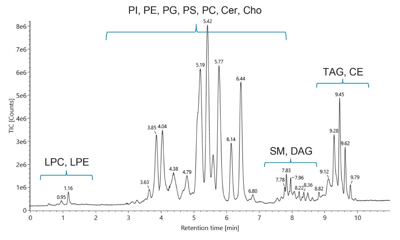 Avanti Polar Lipids牛肝总脂质提取物的代表性正离子模式总离子色谱图